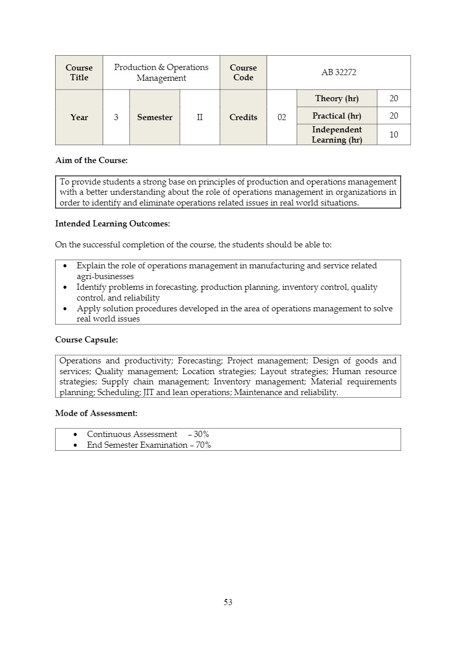 Faculty of Agriculture & Plantation Management –B.Sc. Agriculture ...