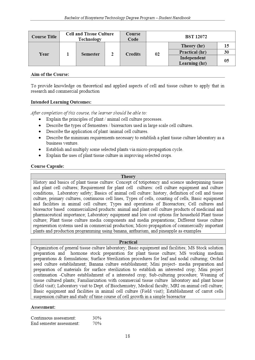 Faculty of Agriculture & Plantation Management – Bachelor of Biosystems ...