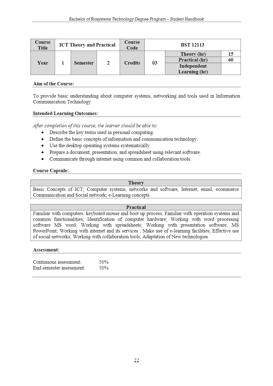 Faculty of Agriculture & Plantation Management – Bachelor of Biosystems ...