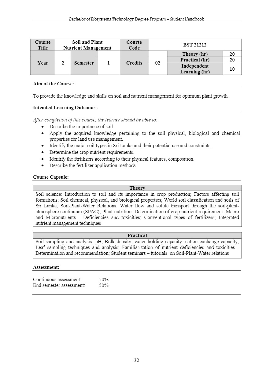 Faculty of Agriculture & Plantation Management – Bachelor of Biosystems ...