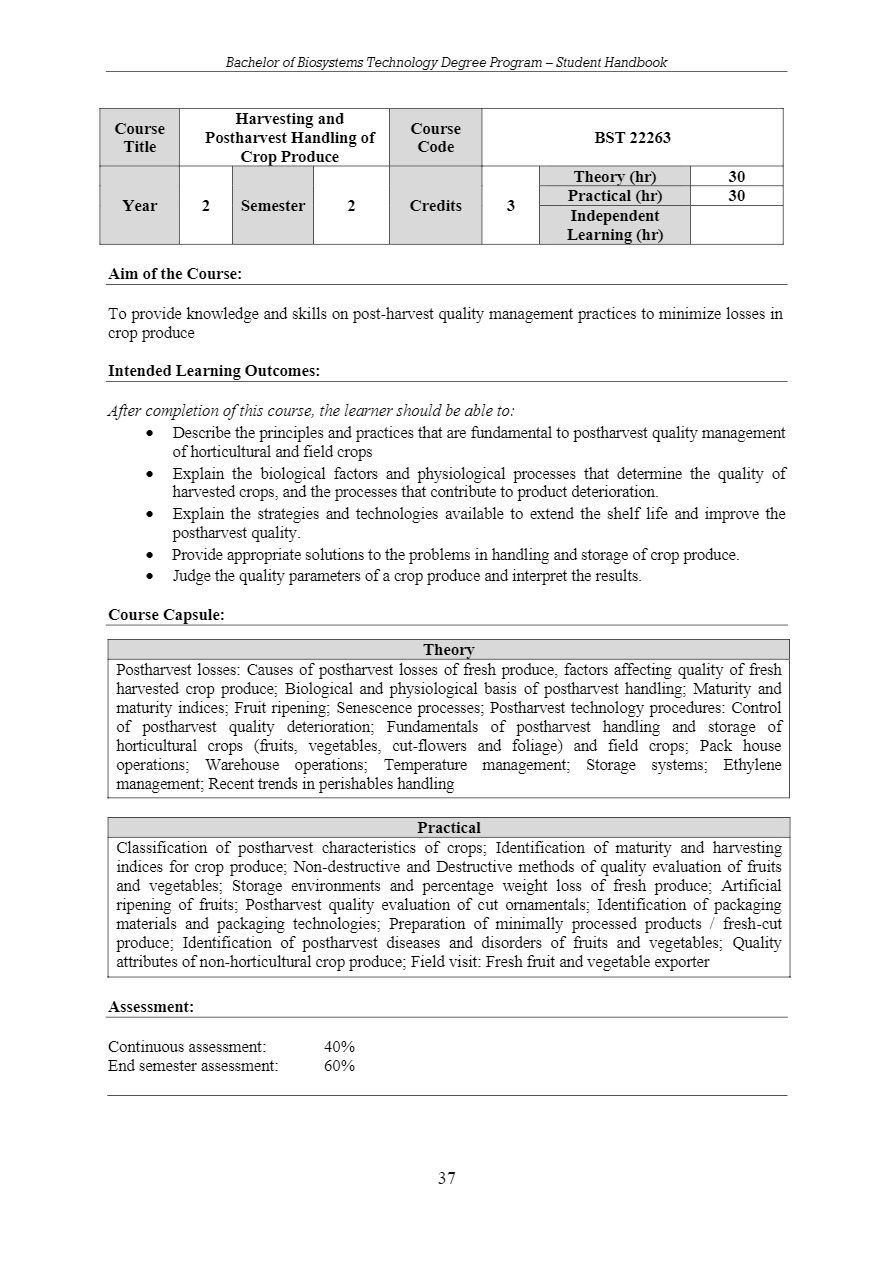 Faculty of Agriculture & Plantation Management – Bachelor of Biosystems ...